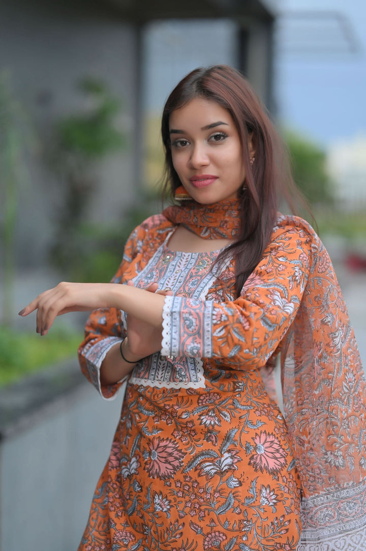 Tangerine Floral Suit with Kota Doria Dupatta | Made To Order