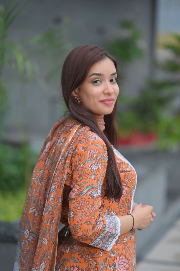 Tangerine Floral Suit with Kota Doria Dupatta | Made To Order
