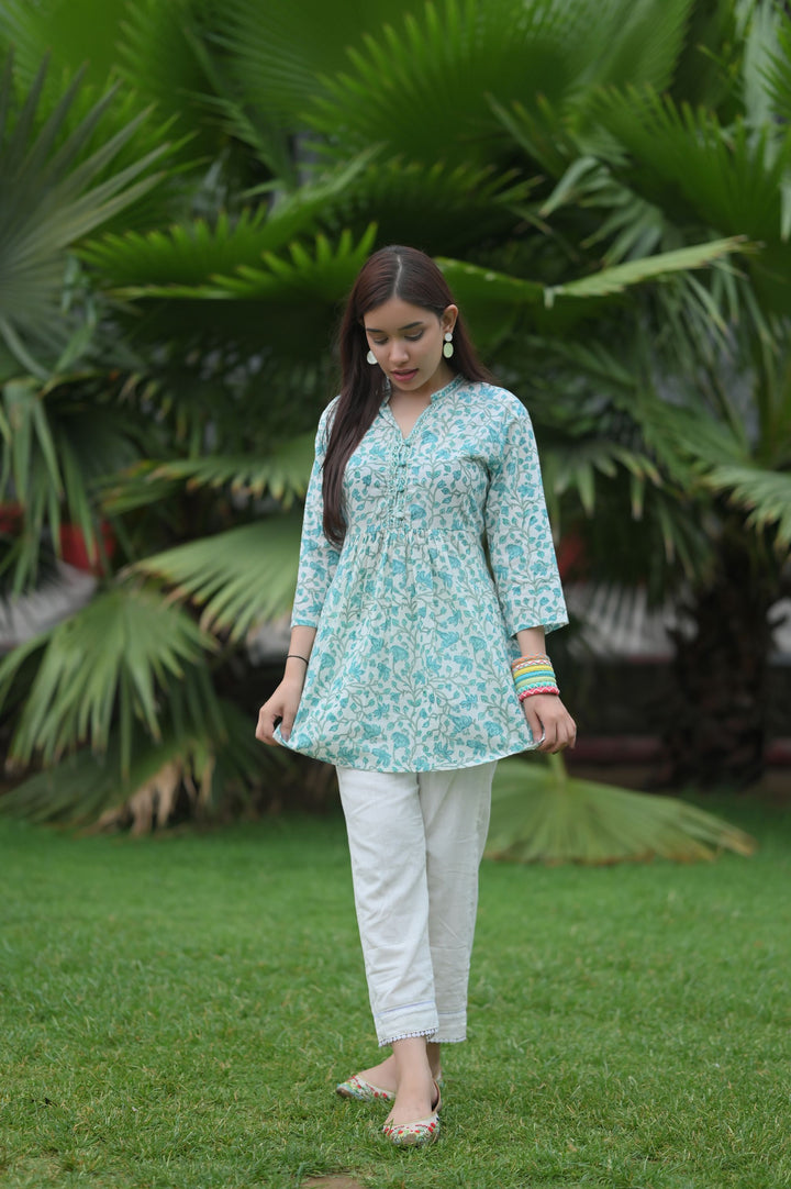 Aqua Blue Short Kurti and White pant set | Made To Order