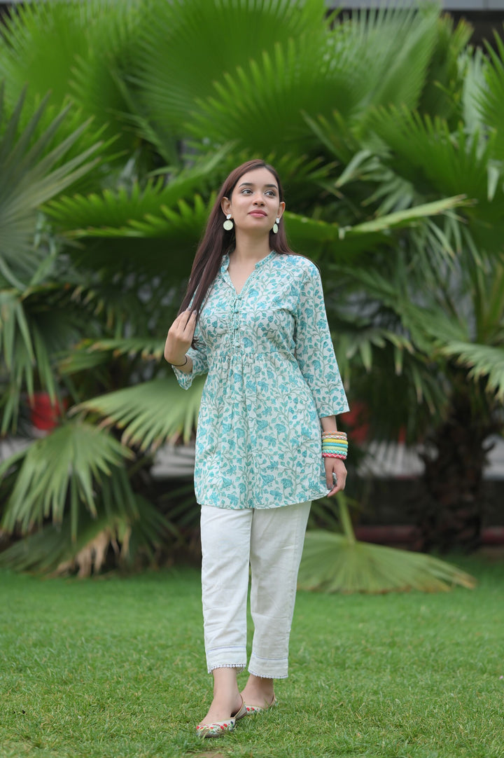 Aqua Blue Short Kurti and White pant set | Made To Order