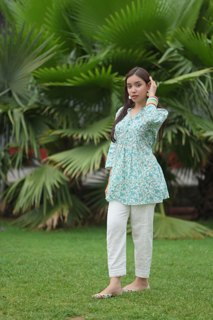 Aqua Blue Short Kurti and White pant set | Made To Order