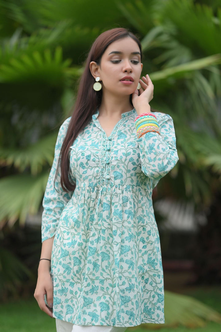 Aqua Blue Short Kurti and White pant set | Made To Order