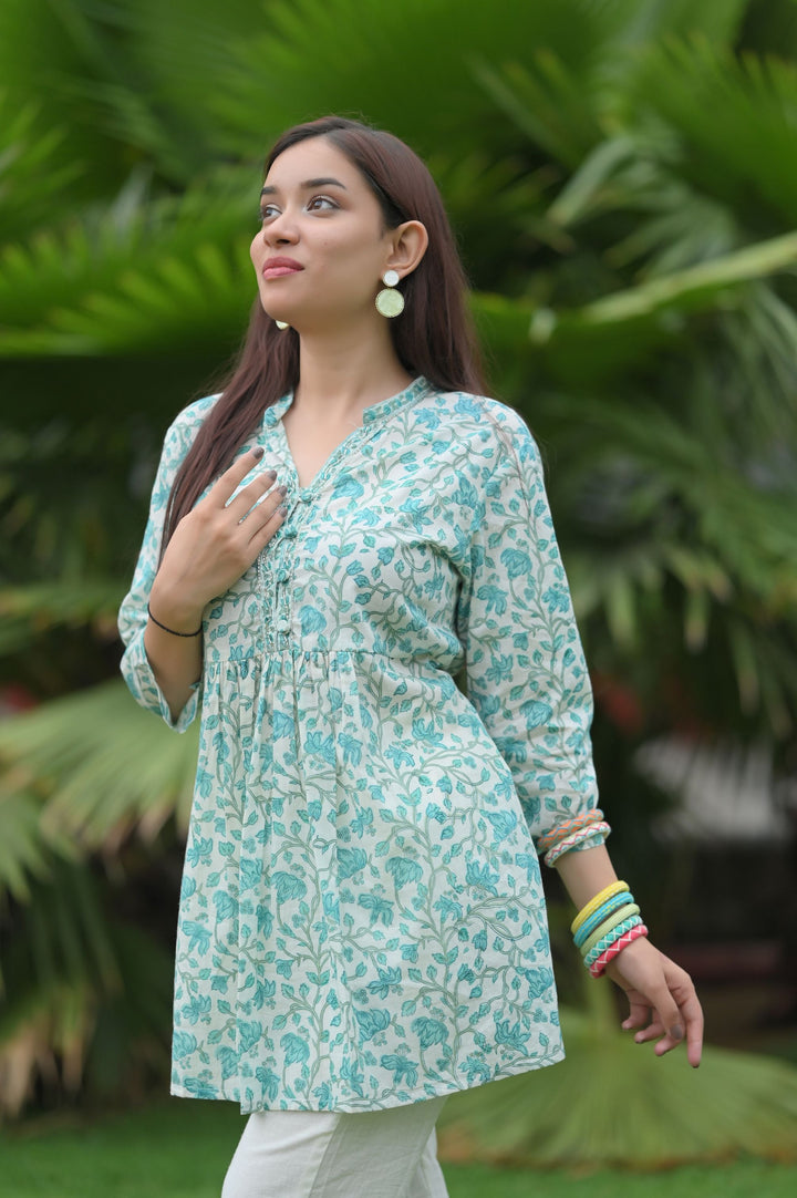 Aqua Blue Short Kurti and White pant set | Made To Order