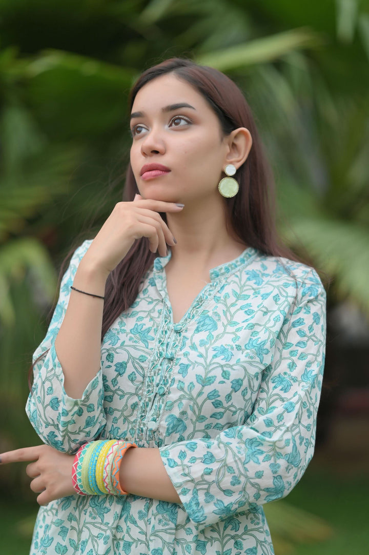 Aqua Blue Short Kurti and White pant set | Made To Order
