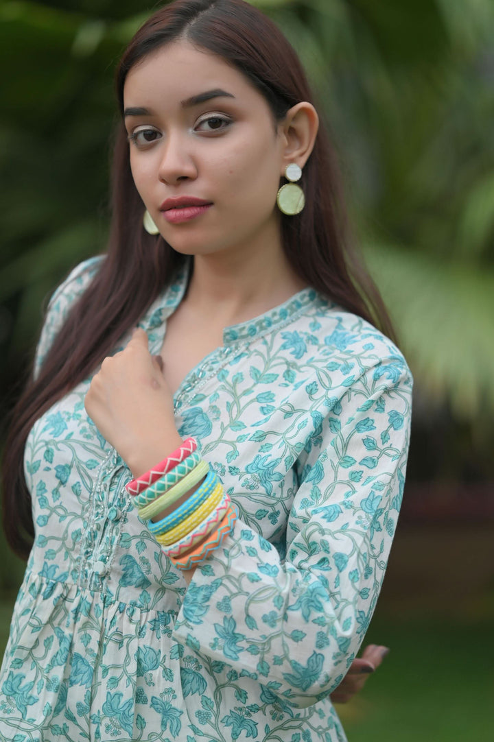 Aqua Blue Short Kurti and White pant set | Made To Order