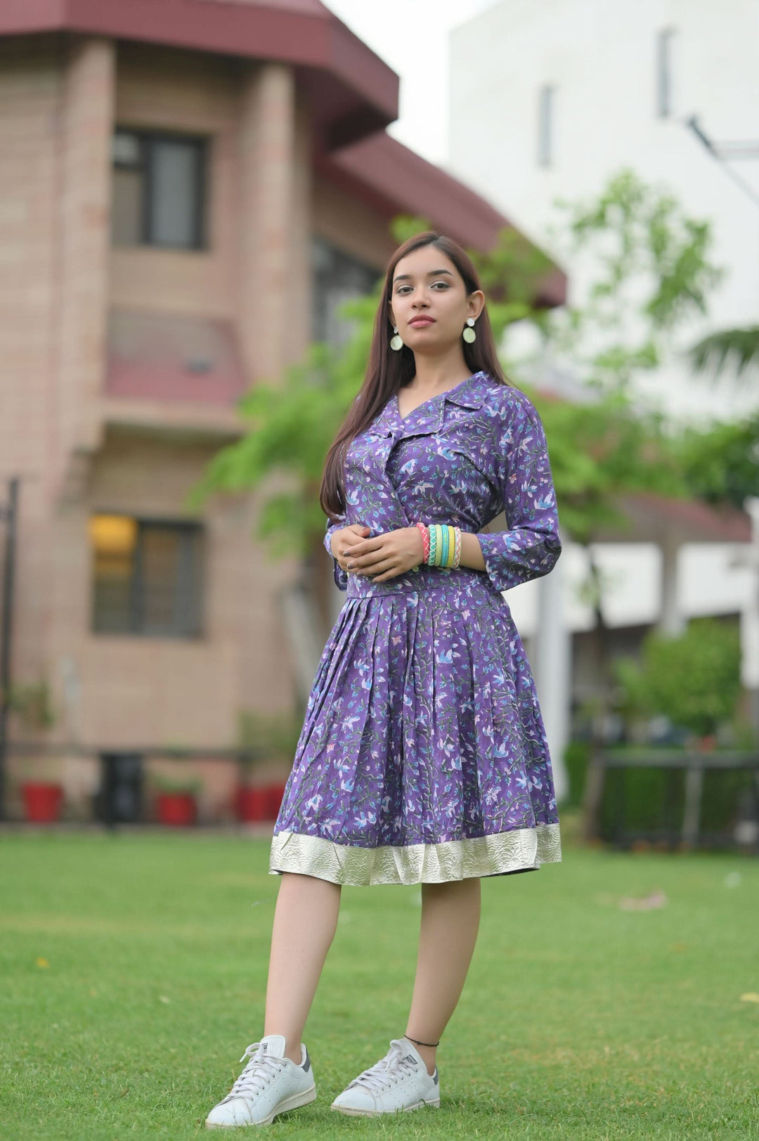 Jamun Brunch dress with Collar and Lace detailing, in Hand Block Printed Cotton | Made to Order