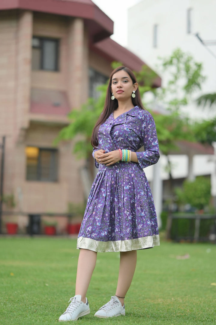 Jamun Brunch dress with Collar and Lace detailing, in Hand Block Printed Cotton | Made to Order