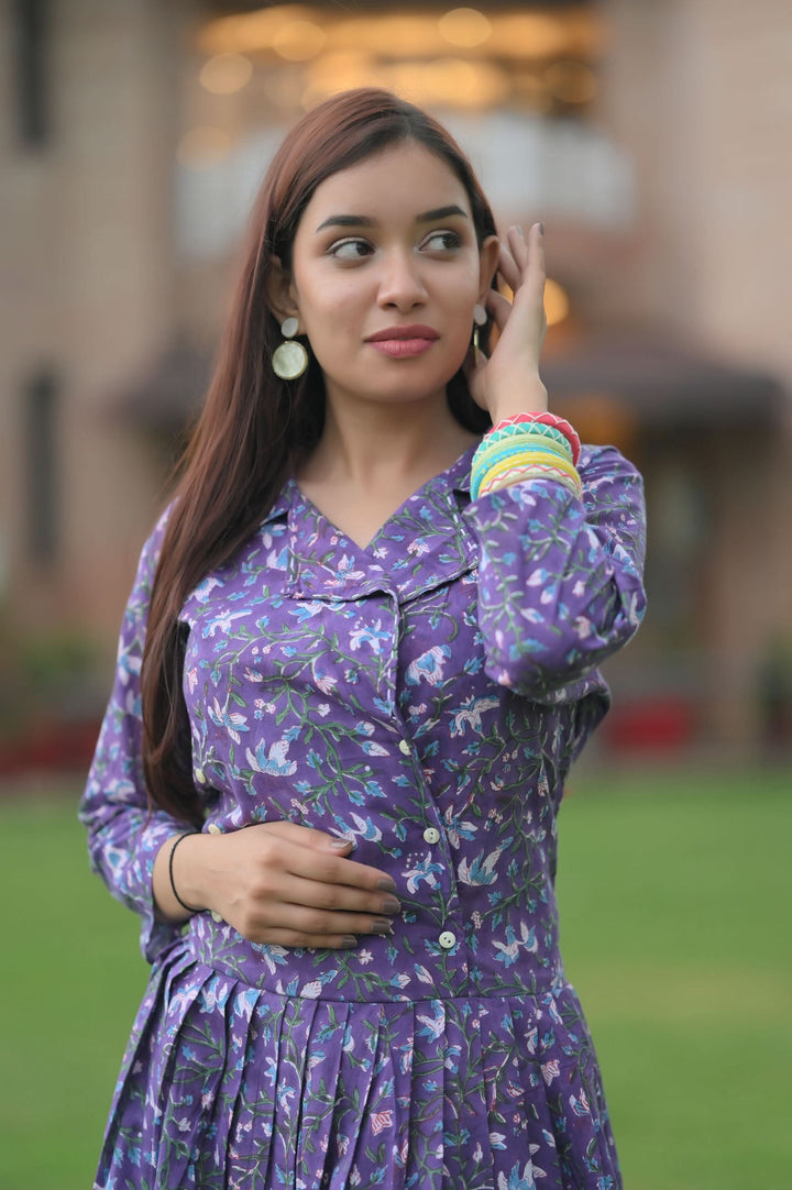 Jamun Brunch dress with Collar and Lace detailing, in Hand Block Printed Cotton | Made to Order