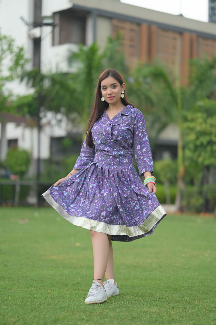 Jamun Brunch dress with Collar and Lace detailing, in Hand Block Printed Cotton | Made to Order