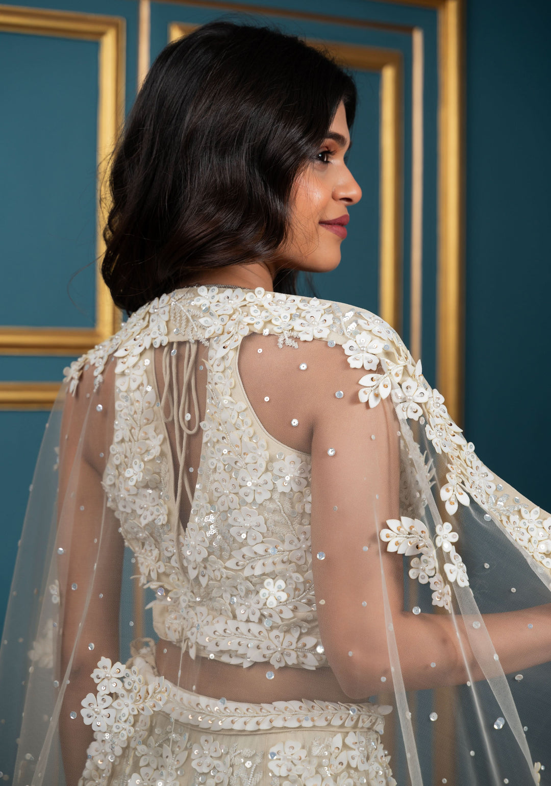 Exquisite Floral Ivory Lehenga with hand-embroidery in Net ,Customizable, Made to Order