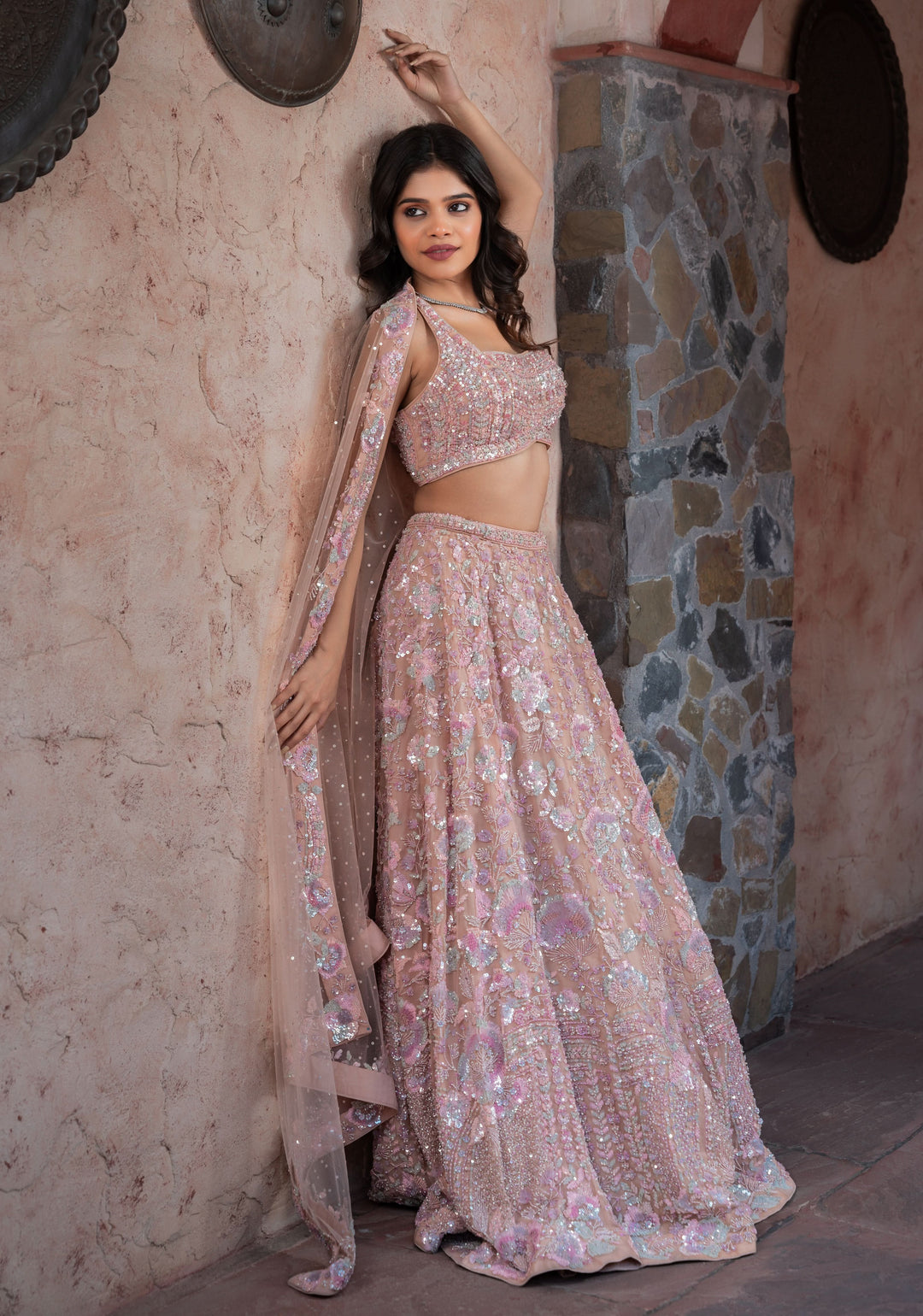 Exquisite Rose Quartz Lehenga with intricate hand-embroidery in Net, Customizable, made to Order