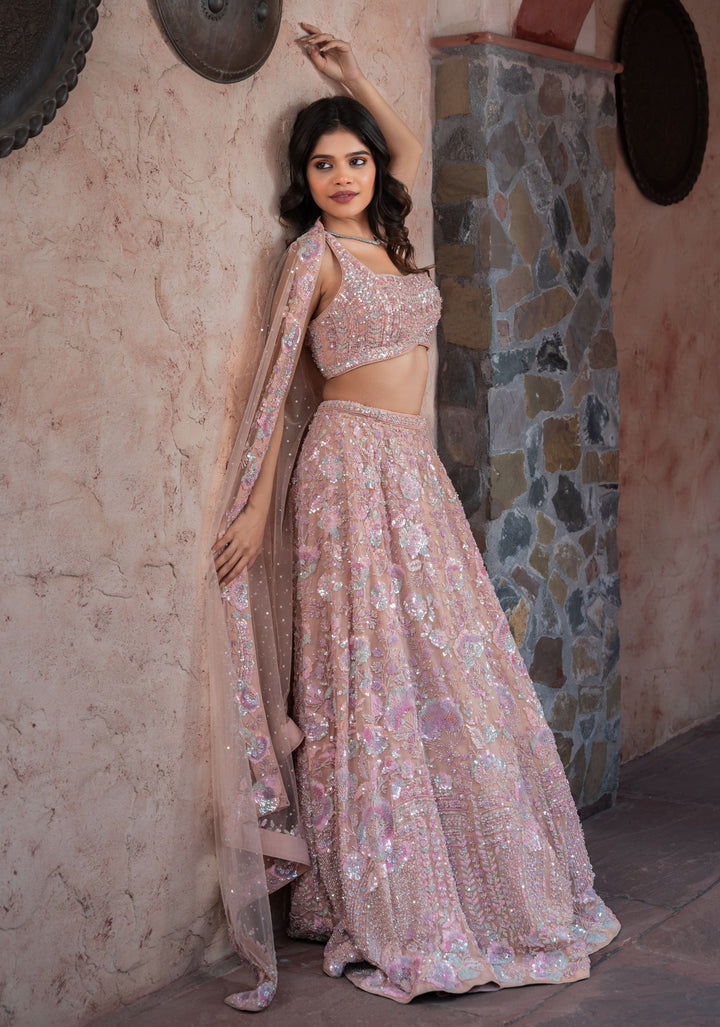 Exquisite Rose Quartz Lehenga with intricate hand-embroidery in Net, Customizable, made to Order