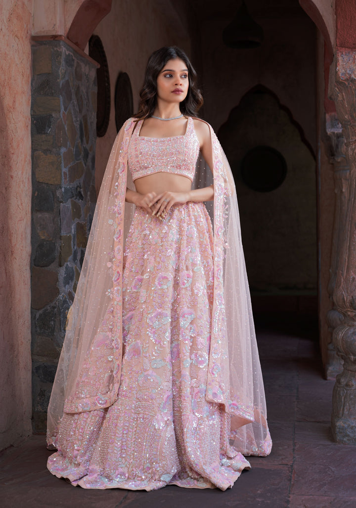 Exquisite Rose Quartz Lehenga with intricate hand-embroidery in Net, Customizable, made to Order