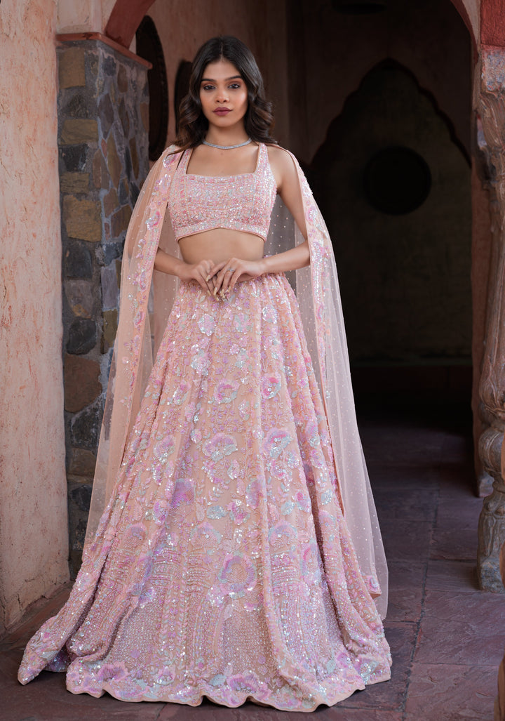 Exquisite Rose Quartz Lehenga with intricate hand-embroidery in Net, Customizable, made to Order