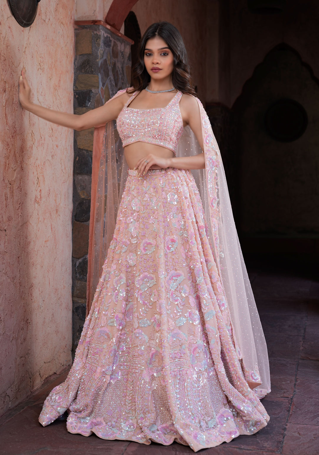 Exquisite Rose Quartz Lehenga with intricate hand-embroidery in Net, Customizable, made to Order
