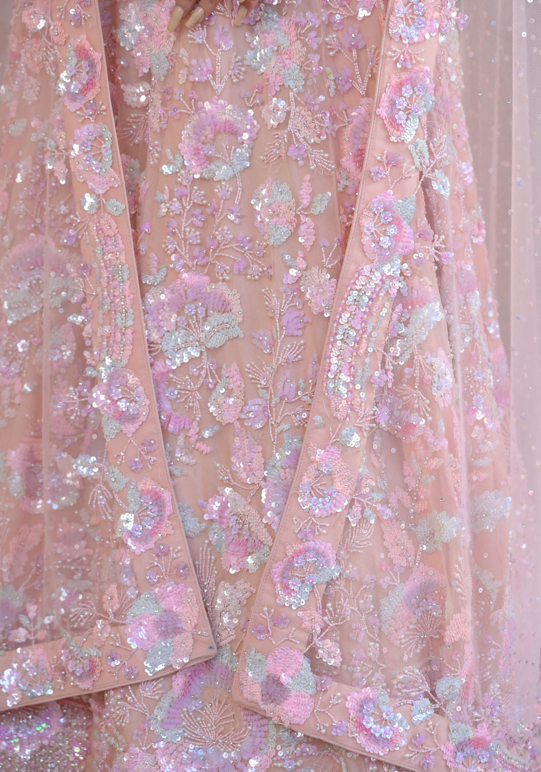Exquisite Rose Quartz Lehenga with intricate hand-embroidery in Net, Customizable, made to Order