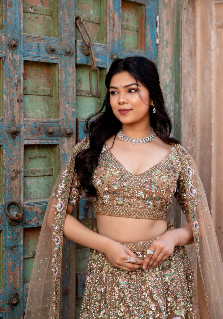 Lehenga: Chikoo Brown Glamour Lehenga with embellishments in Net, Customizable, Made to Order