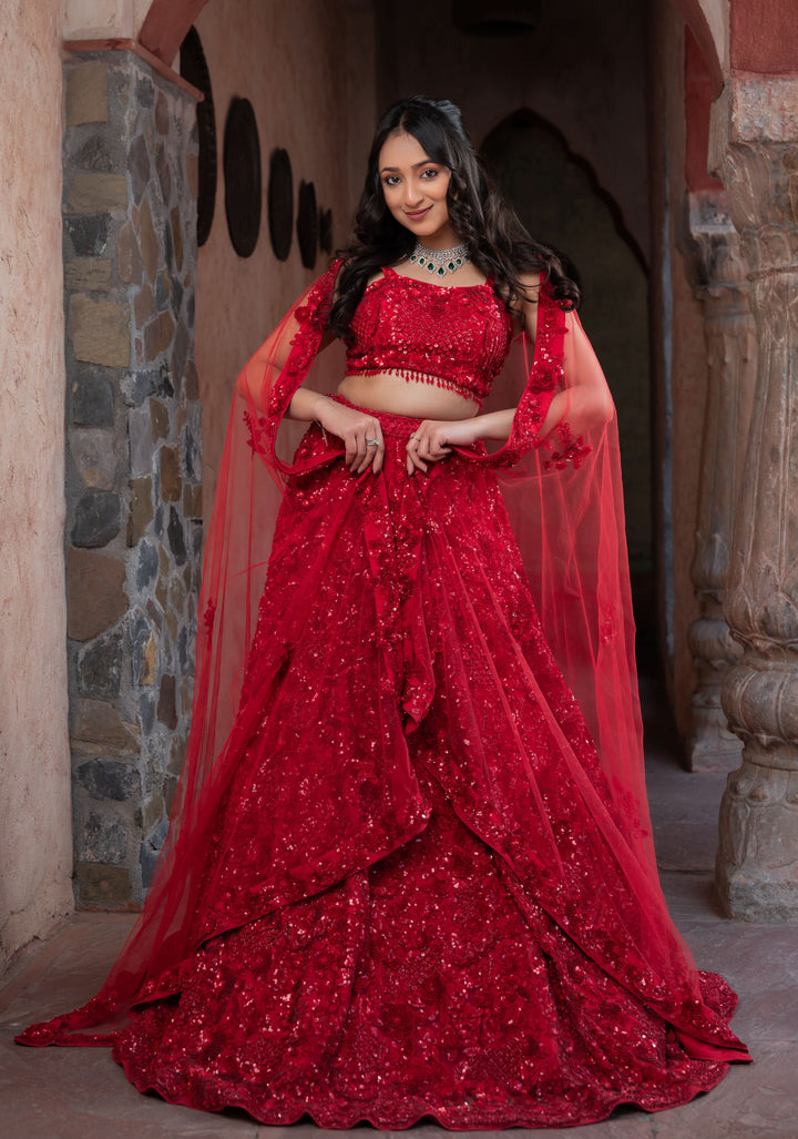 Exquisite Crimson Lehenga with hand-embroidery in Net, Customizable, Made to order