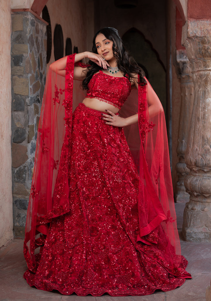 Exquisite Crimson Lehenga with hand-embroidery in Net, Customizable, Made to order