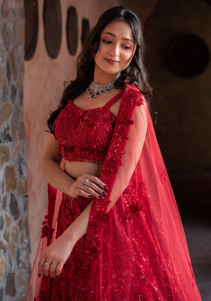 Exquisite Crimson Lehenga with hand-embroidery in Net, Customizable, Made to order
