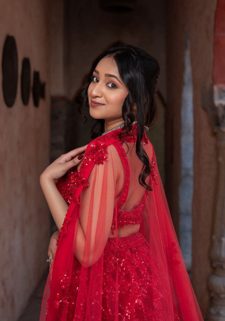 Exquisite Crimson Lehenga with hand-embroidery in Net, Customizable, Made to order
