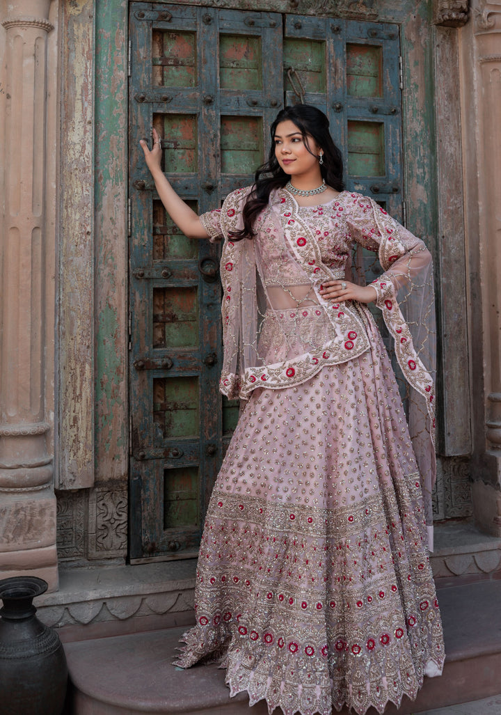 Exquisite Blossom Pink Lehenga with hand-embroidery in organza, Customizable, Made to Order