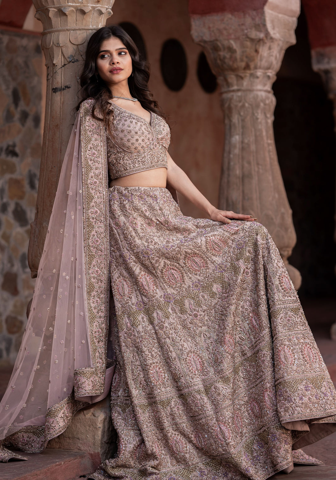 Exquisite Dusty Rose Lehenga with hand-embroidery in Net, Customizable, Made to Order