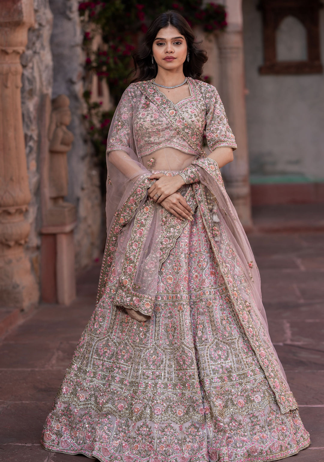 Wedding Lehenga: Exquisite Champagne Pink Lehenga with hand-embroidery in Organza, Customizable, Made to Order