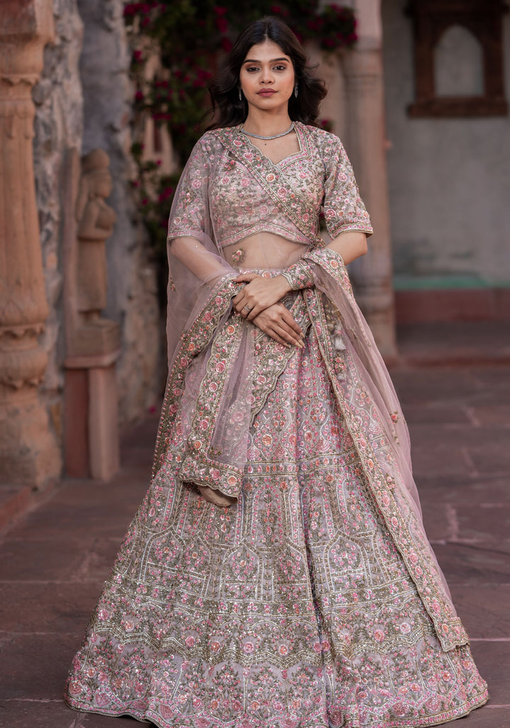 Wedding Lehenga: Exquisite Champagne Pink Lehenga with hand-embroidery in Organza, Customizable, Made to Order