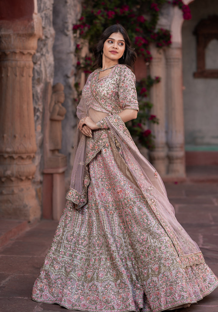 Wedding Lehenga: Exquisite Champagne Pink Lehenga with hand-embroidery in Organza, Customizable, Made to Order