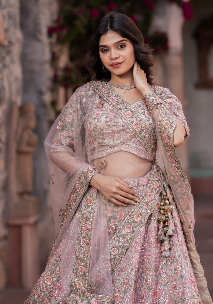 Wedding Lehenga: Exquisite Champagne Pink Lehenga with hand-embroidery in Organza, Customizable, Made to Order