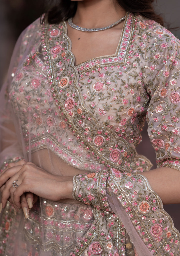 Wedding Lehenga: Exquisite Champagne Pink Lehenga with hand-embroidery in Organza, Customizable, Made to Order