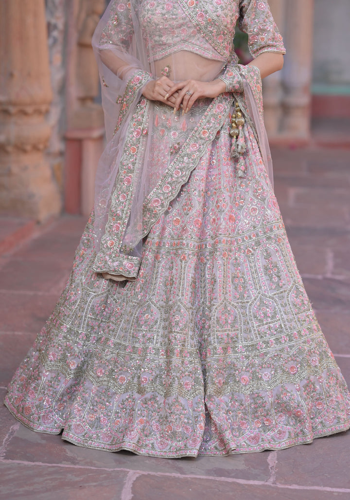 Wedding Lehenga: Exquisite Champagne Pink Lehenga with hand-embroidery in Organza, Customizable, Made to Order