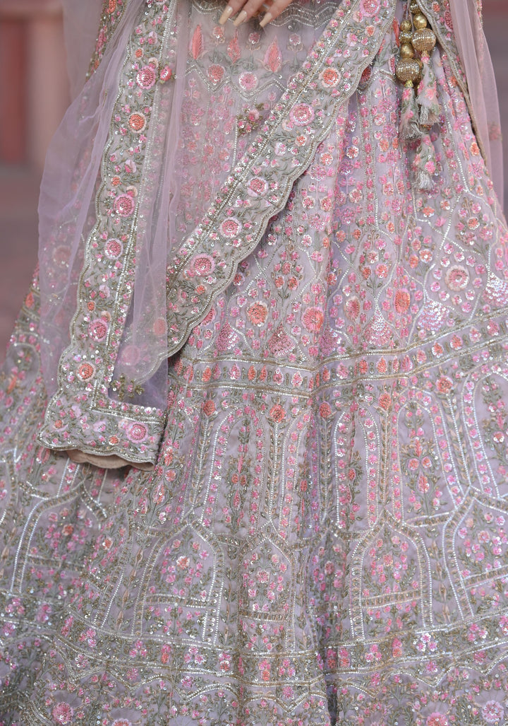 Wedding Lehenga: Exquisite Champagne Pink Lehenga with hand-embroidery in Organza, Customizable, Made to Order