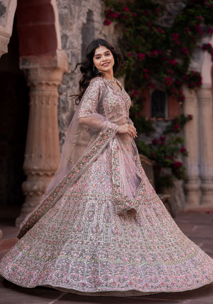 Wedding Lehenga: Exquisite Champagne Pink Lehenga with hand-embroidery in Organza, Customizable, Made to Order