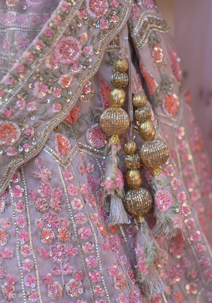 Wedding Lehenga: Exquisite Champagne Pink Lehenga with hand-embroidery in Organza, Customizable, Made to Order
