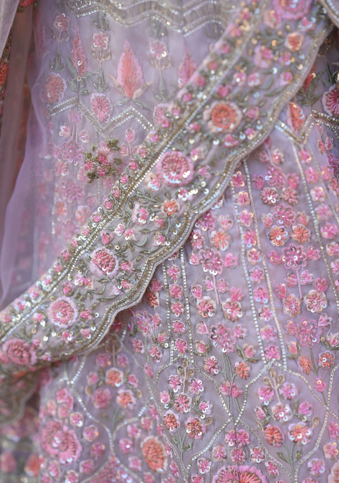 Wedding Lehenga: Exquisite Champagne Pink Lehenga with hand-embroidery in Organza, Customizable, Made to Order
