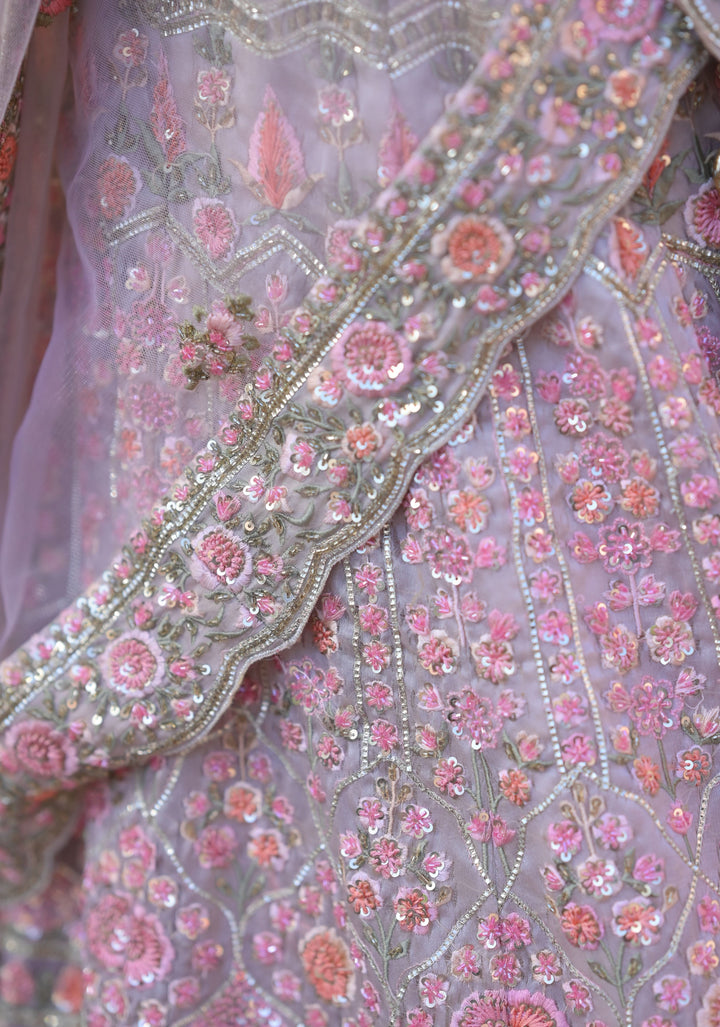 Wedding Lehenga: Exquisite Champagne Pink Lehenga with hand-embroidery in Organza, Customizable, Made to Order