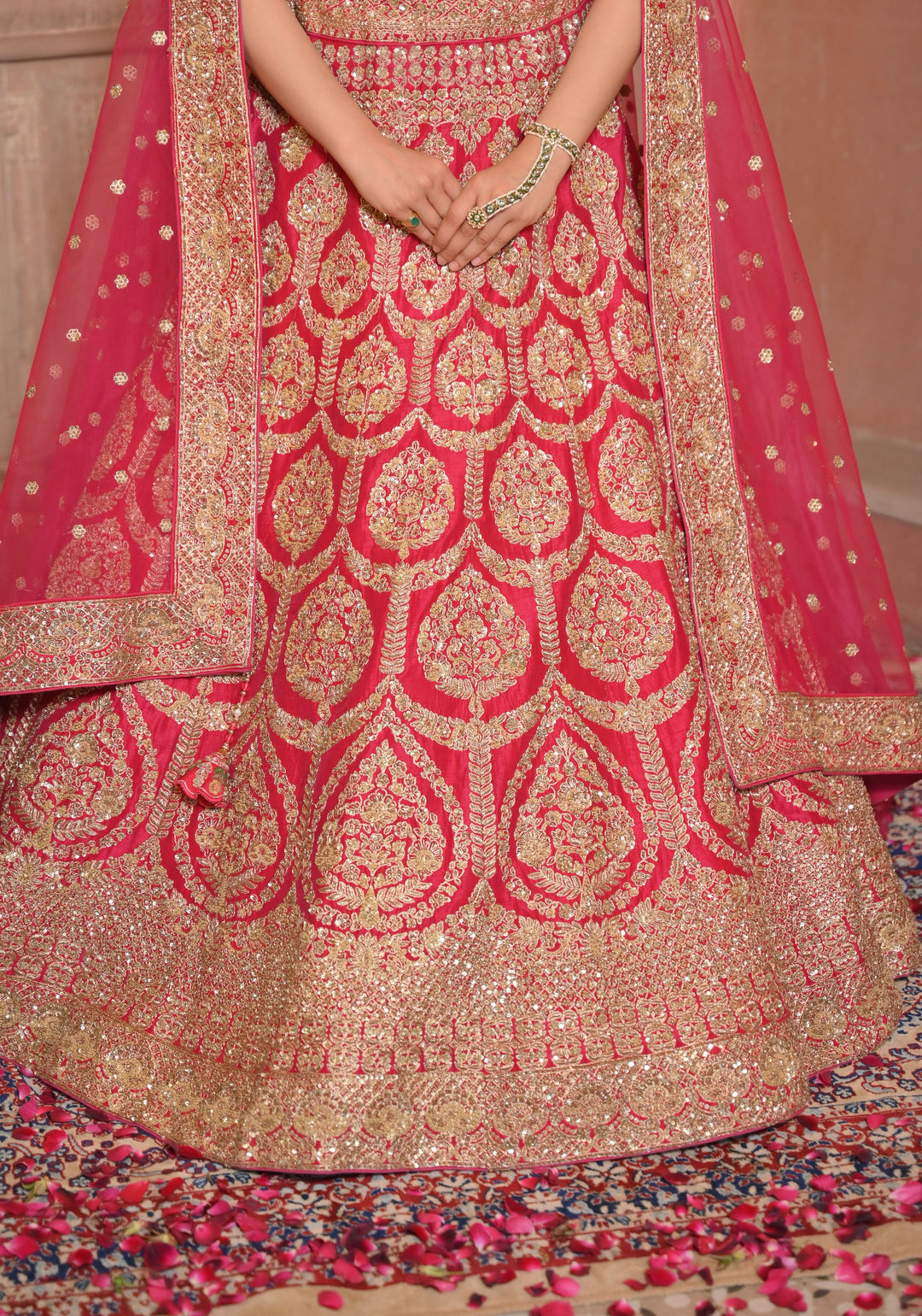 Red Lehenga with hand-embroidery in Raw Silk, Customizable, Made to Order