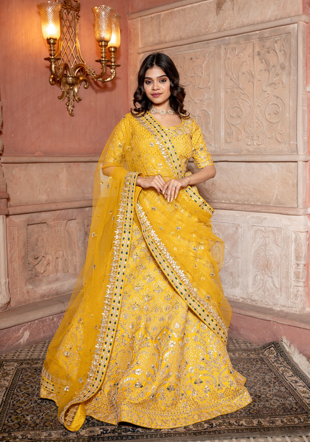 Marigold Lehenga with hand-embroidery in Raw Silk, Customizable, Made to Order