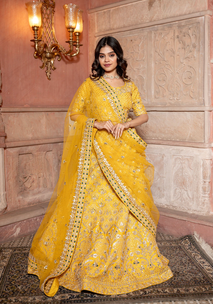 Marigold Lehenga with hand-embroidery in Raw Silk, Customizable, Made to Order