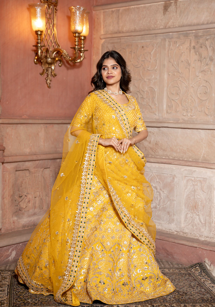 Marigold Lehenga with hand-embroidery in Raw Silk, Customizable, Made to Order
