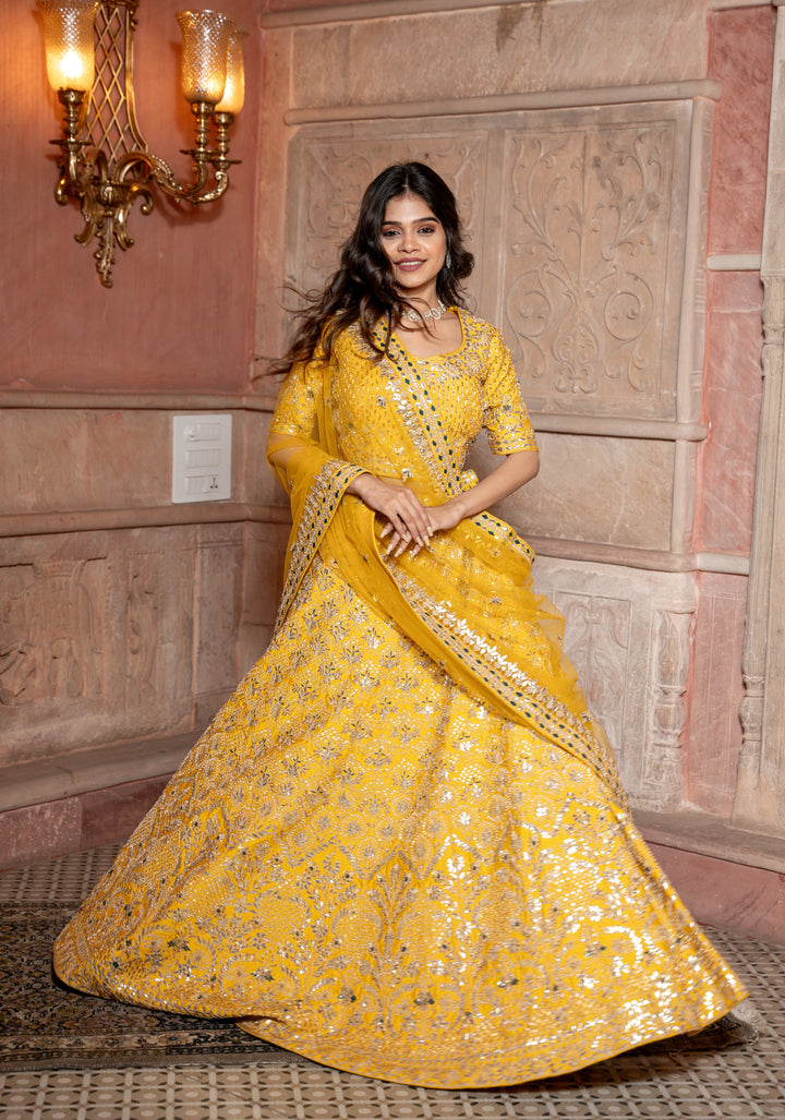 Marigold Lehenga with hand-embroidery in Raw Silk, Customizable, Made to Order