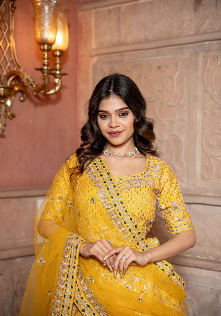 Marigold Lehenga with hand-embroidery in Raw Silk, Customizable, Made to Order