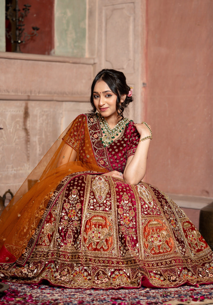 Lehenga : Exquisite Maroon Sunrise Affair Lehenga with hand-embroidery in Micro velvet, Customizable, Made to Order