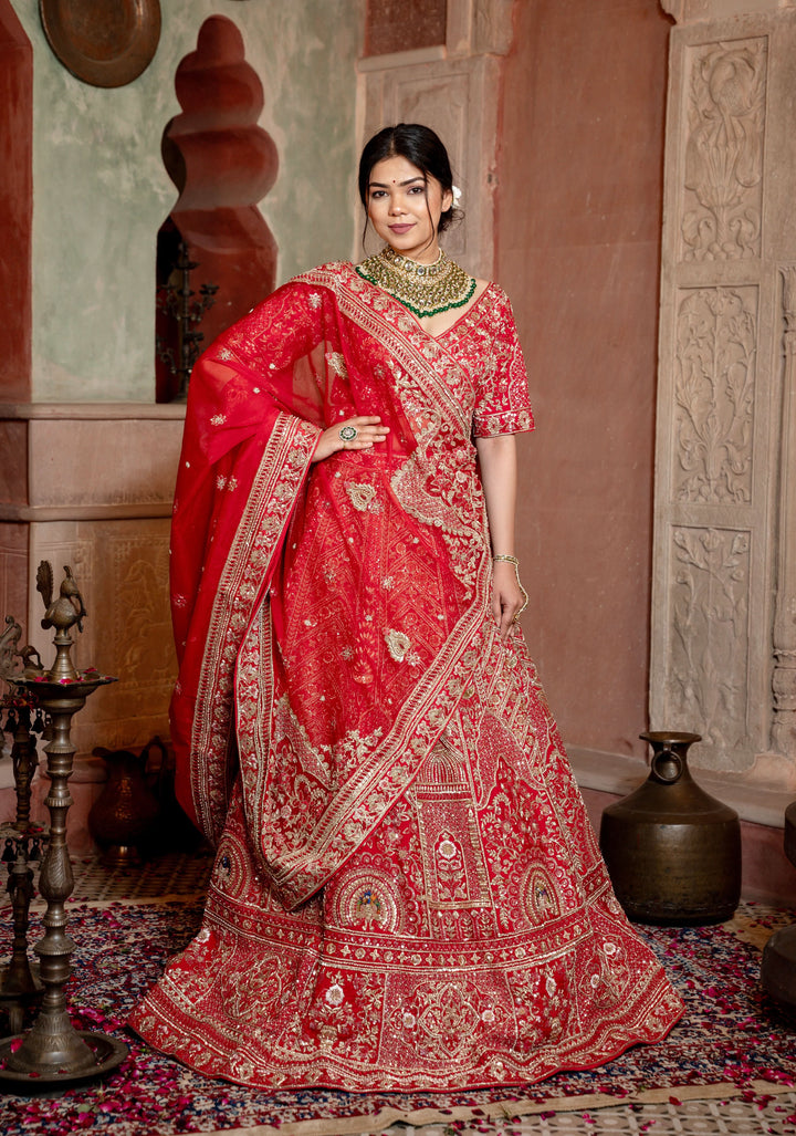 Exquisite Crimson Charm Lehenga with hand-embroidery in Raw Silk, Customizable, Made to Order