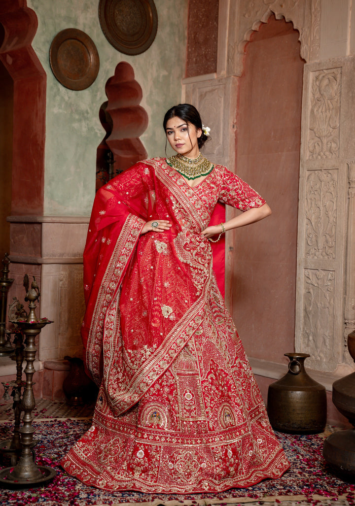 Exquisite Crimson Charm Lehenga with hand-embroidery in Raw Silk, Customizable, Made to Order