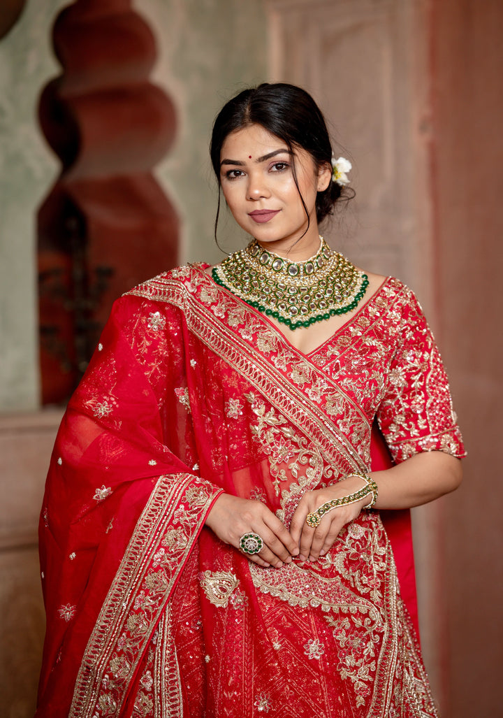 Exquisite Crimson Charm Lehenga with hand-embroidery in Raw Silk, Customizable, Made to Order