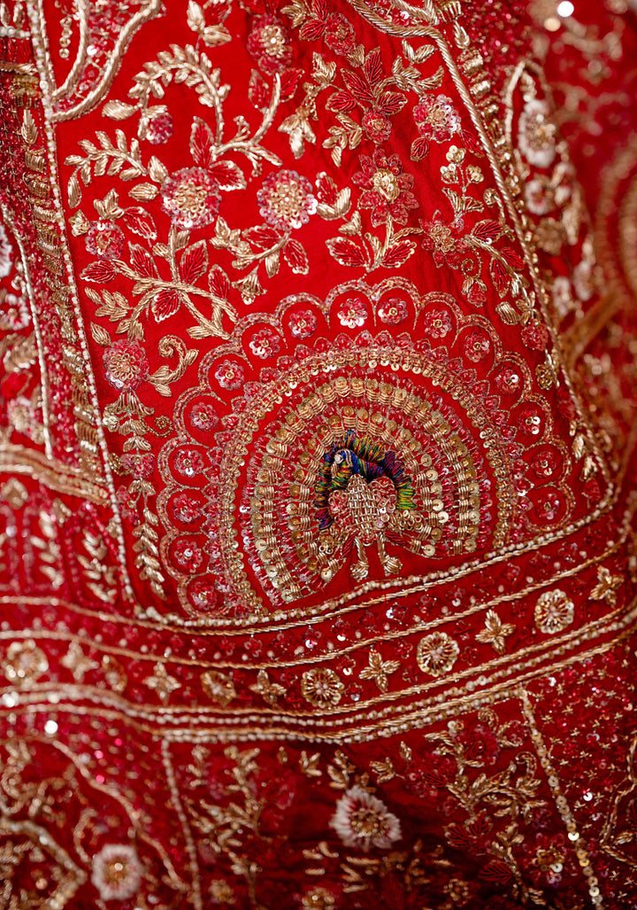 Exquisite Crimson Charm Lehenga with hand-embroidery in Raw Silk, Customizable, Made to Order