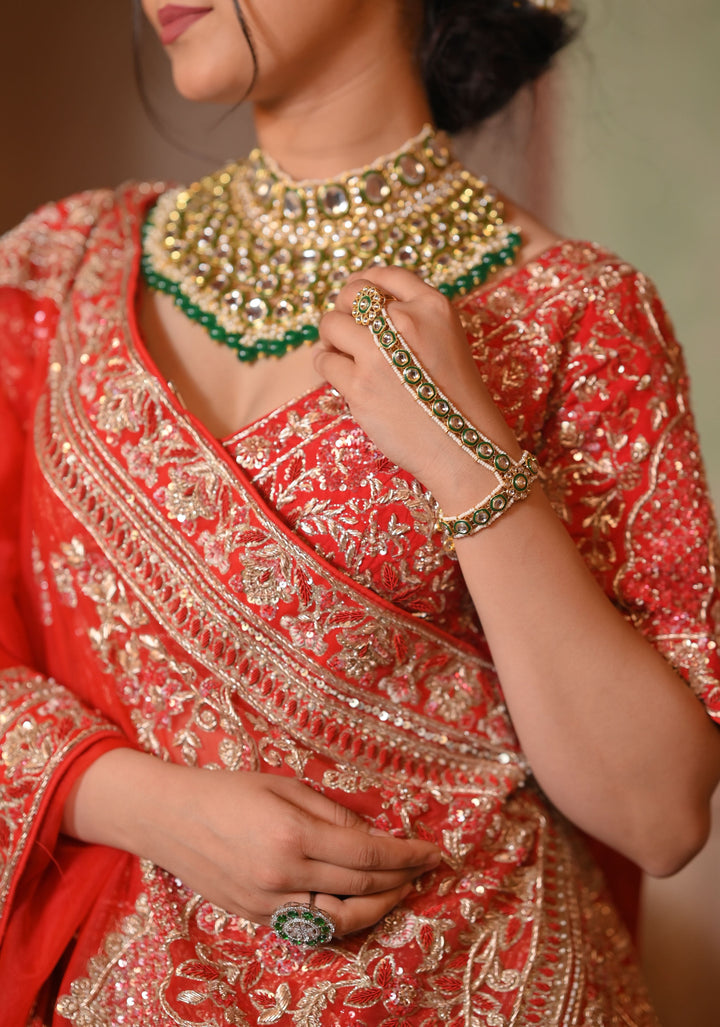 Exquisite Crimson Charm Lehenga with hand-embroidery in Raw Silk, Customizable, Made to Order